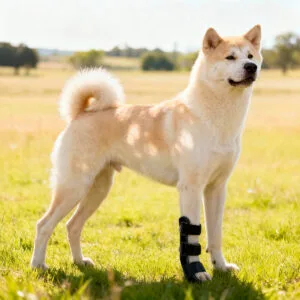 Dog wearing a Mihapi front orthopedic splint for leg support and injury recovery.