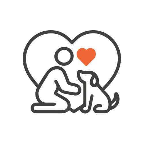 Icono de persona con perro y corazón que representa el acompañamiento empático de Mihapi