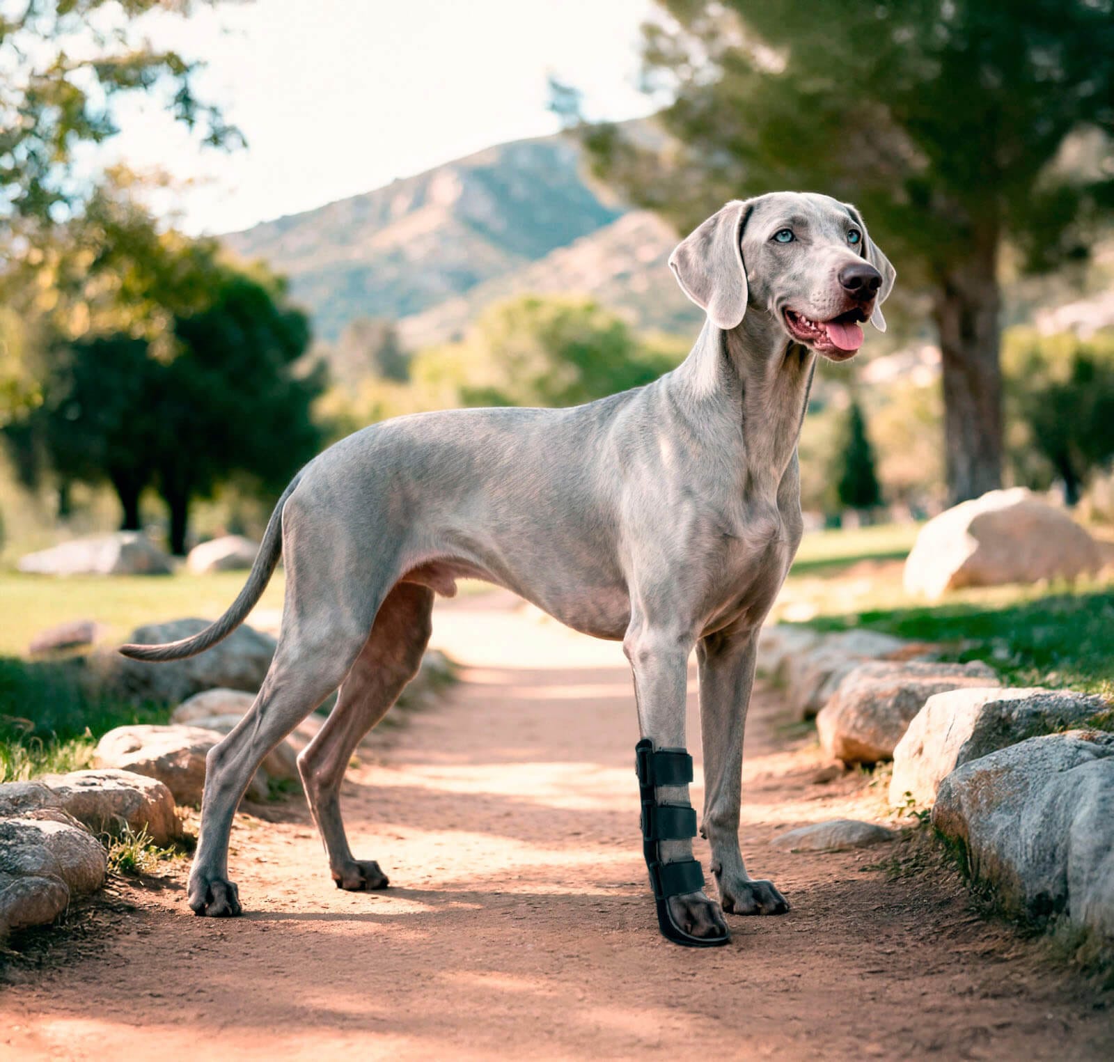 Perro con férula ortopédica delantera Mihapi caminando al aire libre, diseñada para estabilidad y recuperación