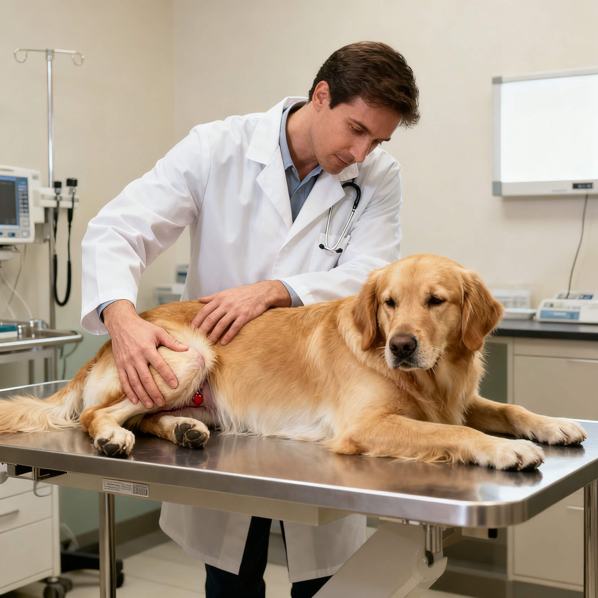 veterinario evaluando debilidad en las patas traseras del perro en consulta