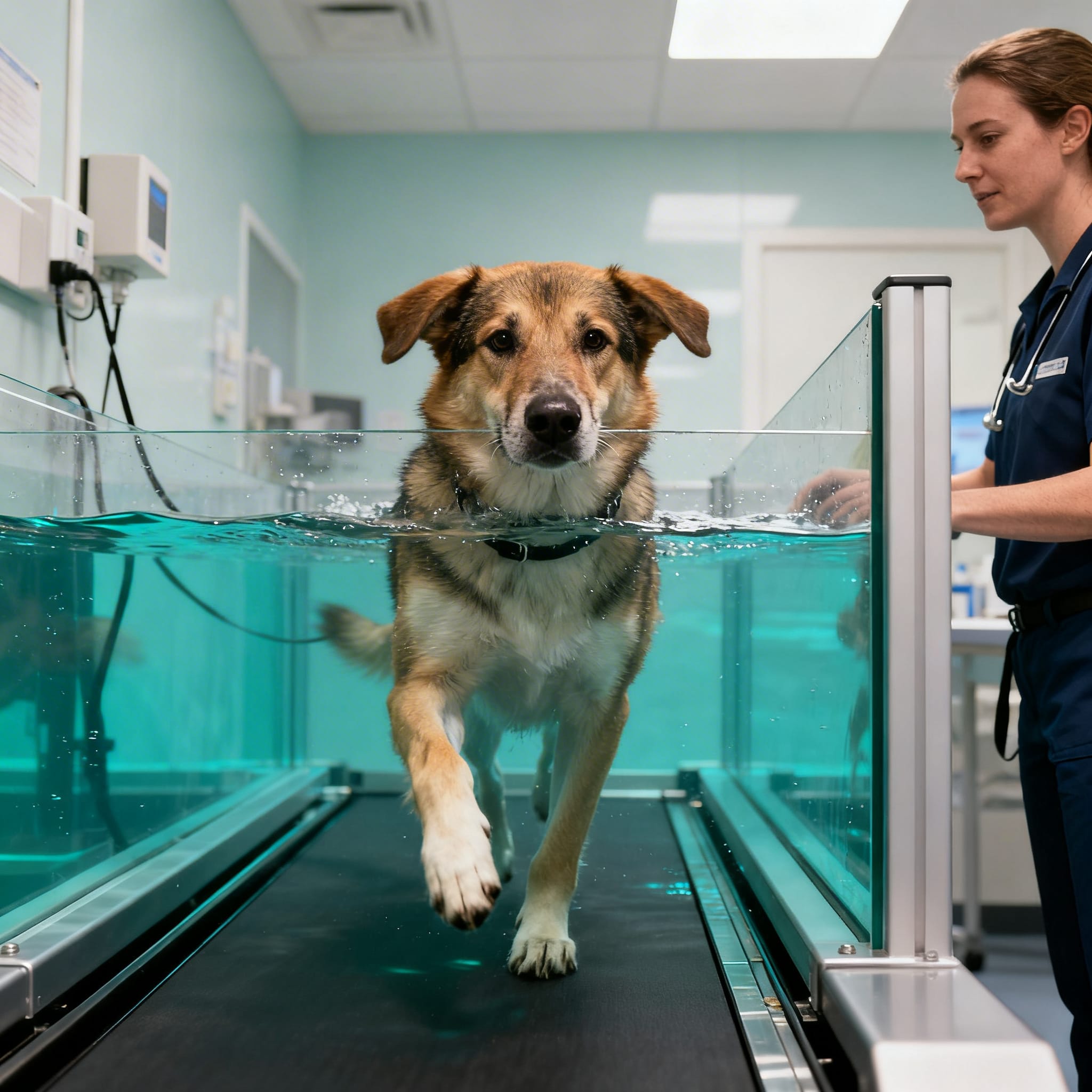 rehabilitación veterinaria perro con patas delanteras débiles en caminadora acuática